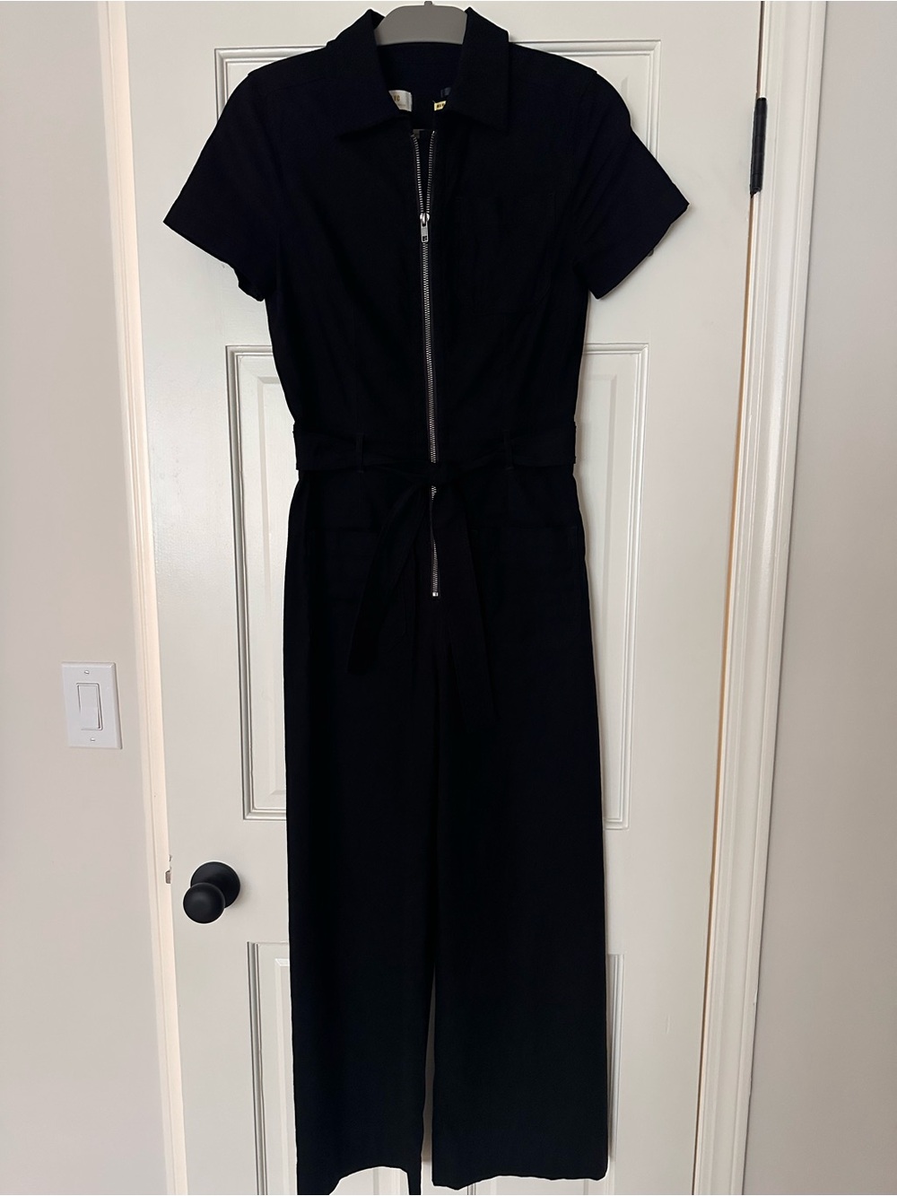Anthropologie Black Short-Sleeve Zip-Front Jumpsuit with Tie Waist